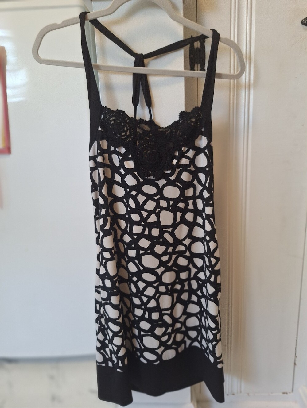 BCBG Black and White With Textured Lace Front, Strappy Dress